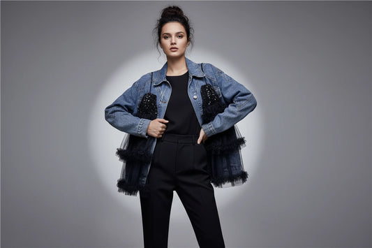 Kurtka Dżinsowa Damska z Cekinami i Falbankami - Premium Denim