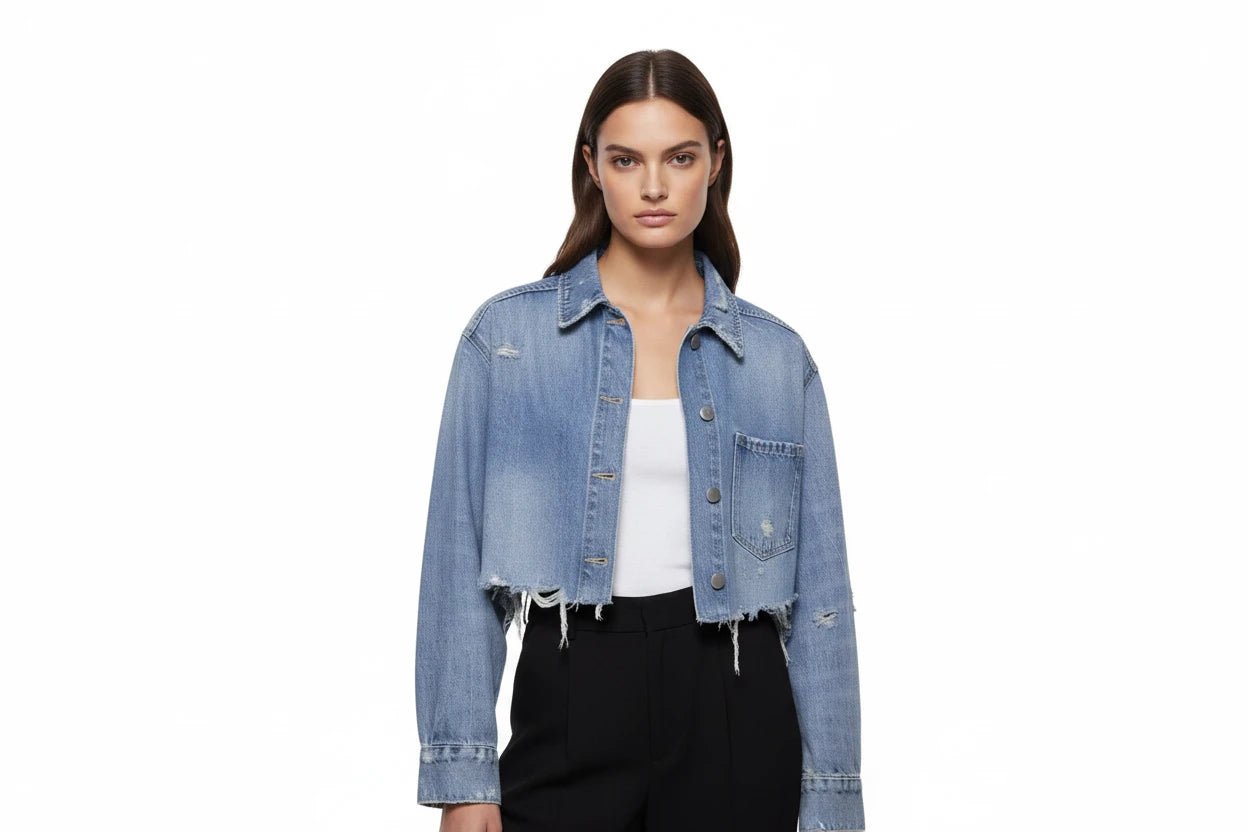 Krótka Kurtka Jeansowa Damska z Przetarciami - Retro Denim Jacket