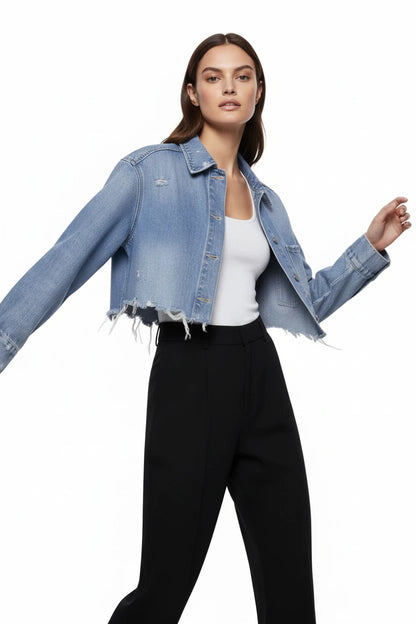 Krótka Kurtka Jeansowa Damska z Przetarciami - Retro Denim Jacket