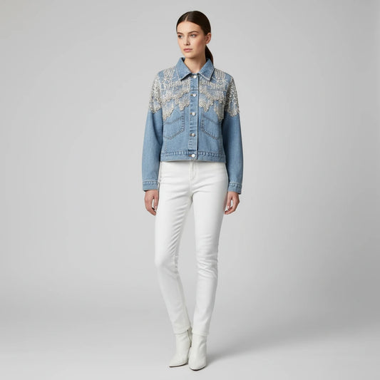 Kurtka Jeansowa Damska z Cekinami i Koronką - Bomber Denim z Koralikami