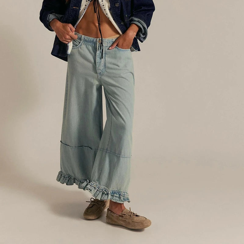 Damskie Jeansy Baggy Wide Leg z Falbanami – Niski Stan, Cropped, Y2K