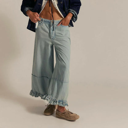 Damskie Jeansy Baggy Wide Leg z Falbanami – Niski Stan, Cropped, Y2K