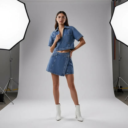 Koszula Dżinsowa Damska Krótki Rękaw - Cropped Top Y2K Streetwear