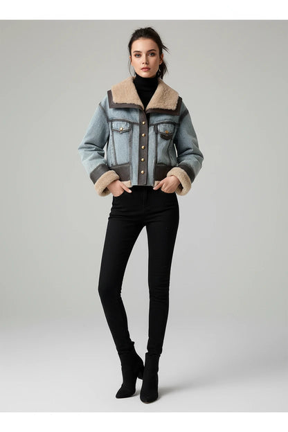 Gruba Kurtka Damska Denim ze Skóry Owczej z Futrem Puch Noir
