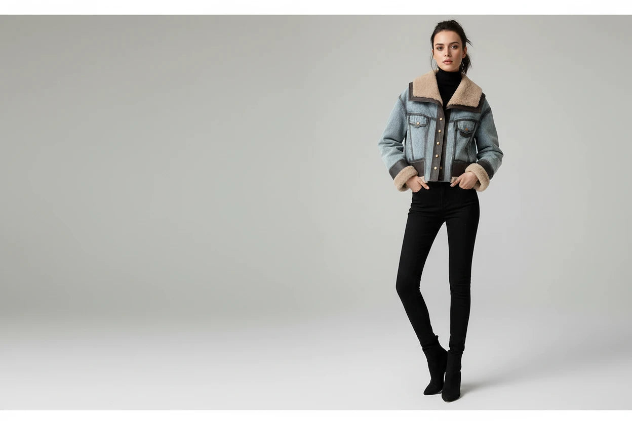 Gruba Kurtka Damska Denim ze Skóry Owczej z Futrem Puch Noir