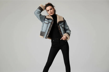 Gruba Kurtka Damska Denim ze Skóry Owczej z Futrem Puch Noir