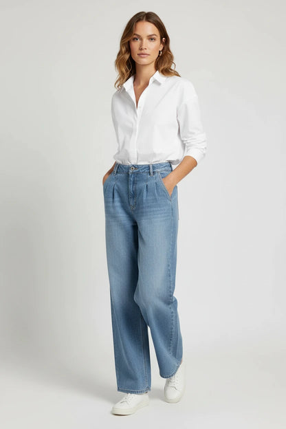 Jeansy Damskie Straight Leg Wysoki Stan – Modne Luźne Spodnie Denim Blue