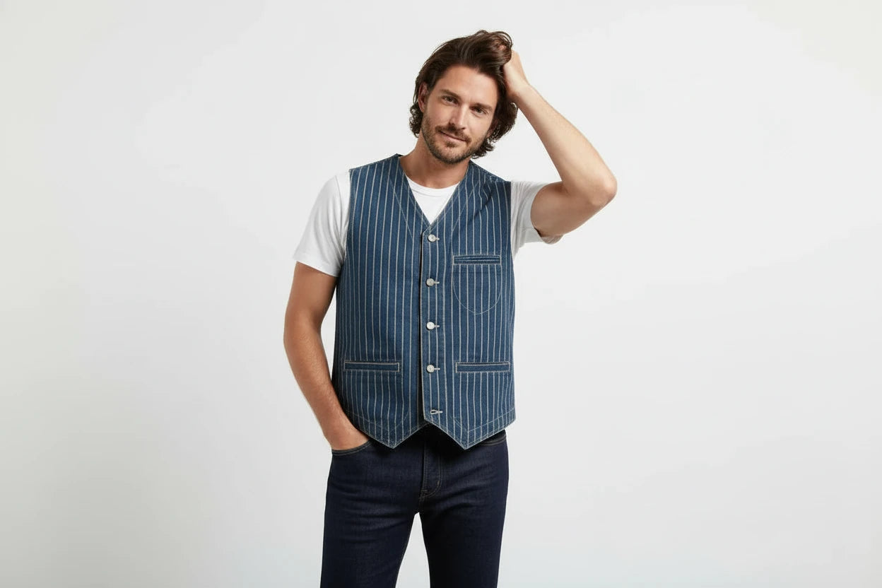 Kamizelka Denim Męska Vintage - Khaki Multi-Pocket Cargo Vest