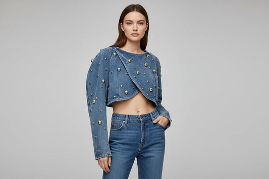 Krótka kurtka jeansowa z cekinami i ćwiekami - damska oversize z bufiastymi rękawami