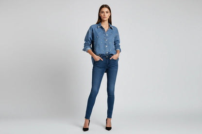 Damska Koszula Jeansowa z Perłami - Luźna Bluzka Denim z Długim Rękawem