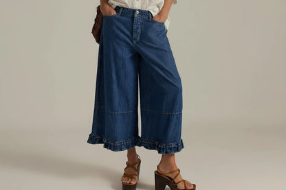 Damskie Jeansy Baggy Wide Leg z Falbanami – Niski Stan, Cropped, Y2K
