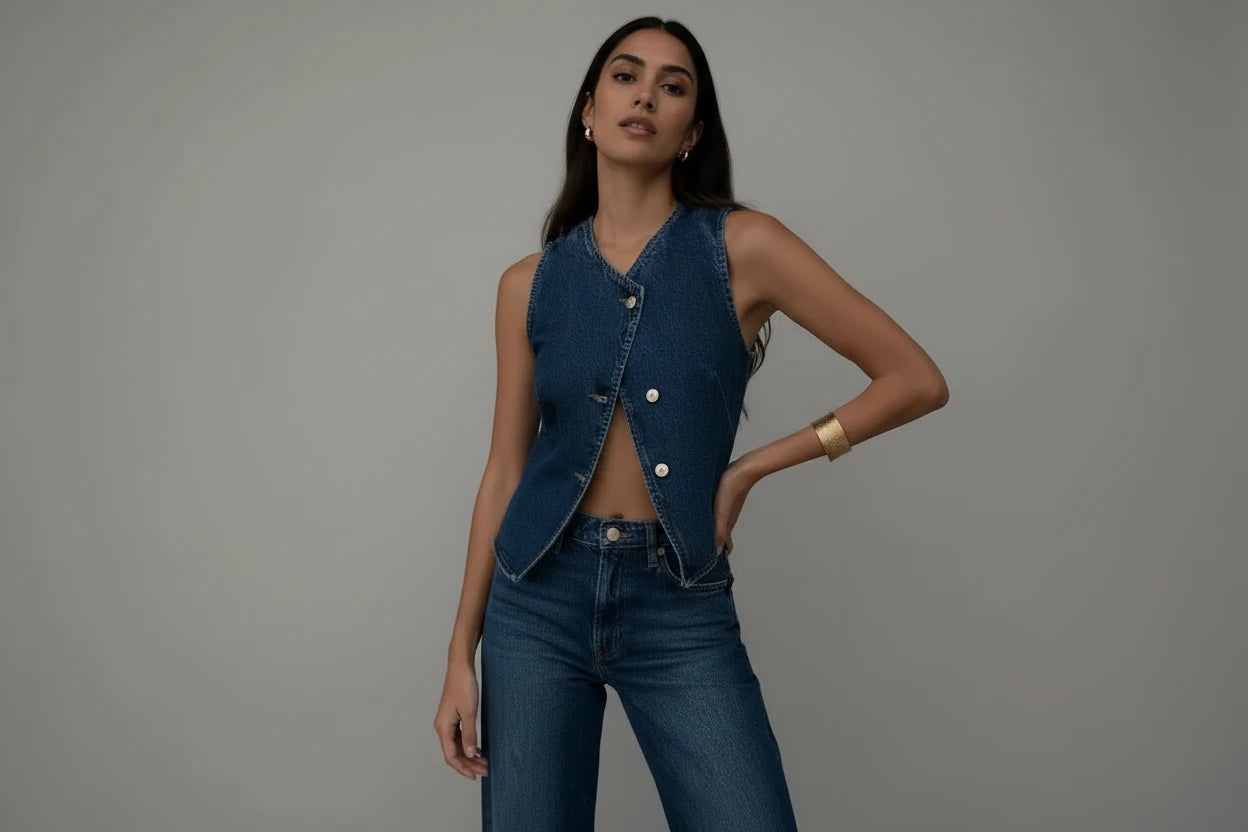 Kamizelka Jeansowa Damska Krótka – Asymetryczne Zapięcie, Złote Guziki, Modny Denim