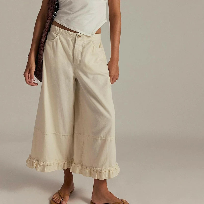 Damskie Jeansy Baggy Wide Leg z Falbanami – Niski Stan, Cropped, Y2K