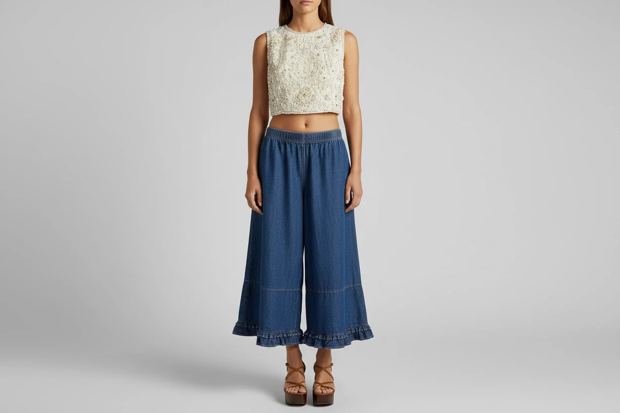 Damskie Jeansy Baggy Wide Leg z Falbanami – Niski Stan, Cropped, Y2K