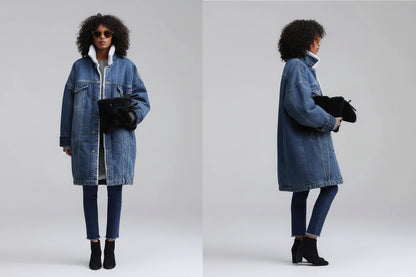 Damski Oversize Płaszcz Jeansowy Denim – Ocieplany Płaszcz z Kołnierzem Sherpa