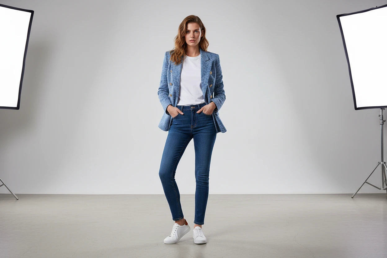 Luksusowa Marynarka Denim z Geometrycznym Wzorem - Premium Blazer z Paskiem