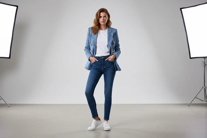 Luksusowa Marynarka Denim z Geometrycznym Wzorem - Premium Blazer z Paskiem