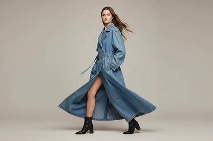 Długi Płaszcz Jeansowy Damski z Paskiem – Modny Trencz Denim Oversize