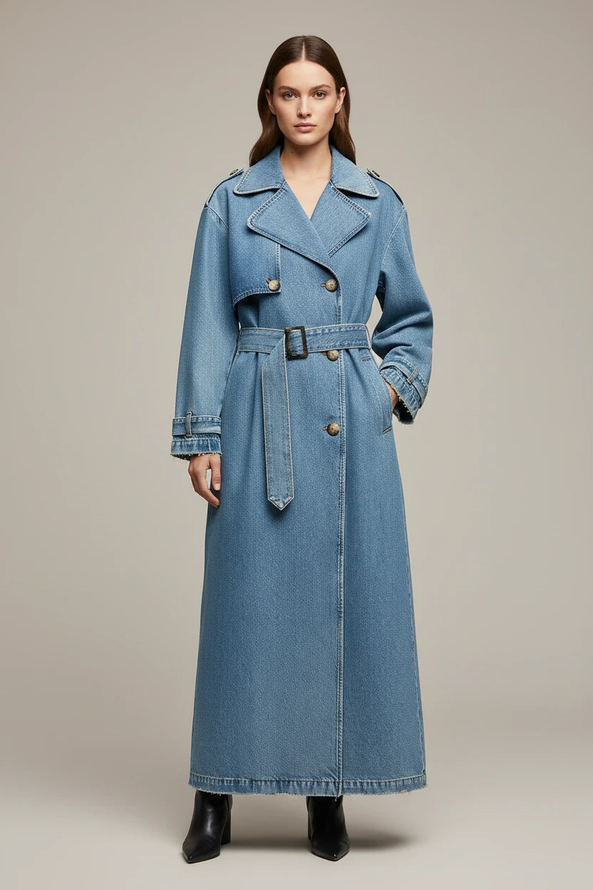 Długi Płaszcz Jeansowy Damski z Paskiem – Modny Trencz Denim Oversize