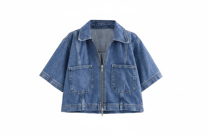 Koszula Dżinsowa Damska Krótki Rękaw - Cropped Top Y2K Streetwear